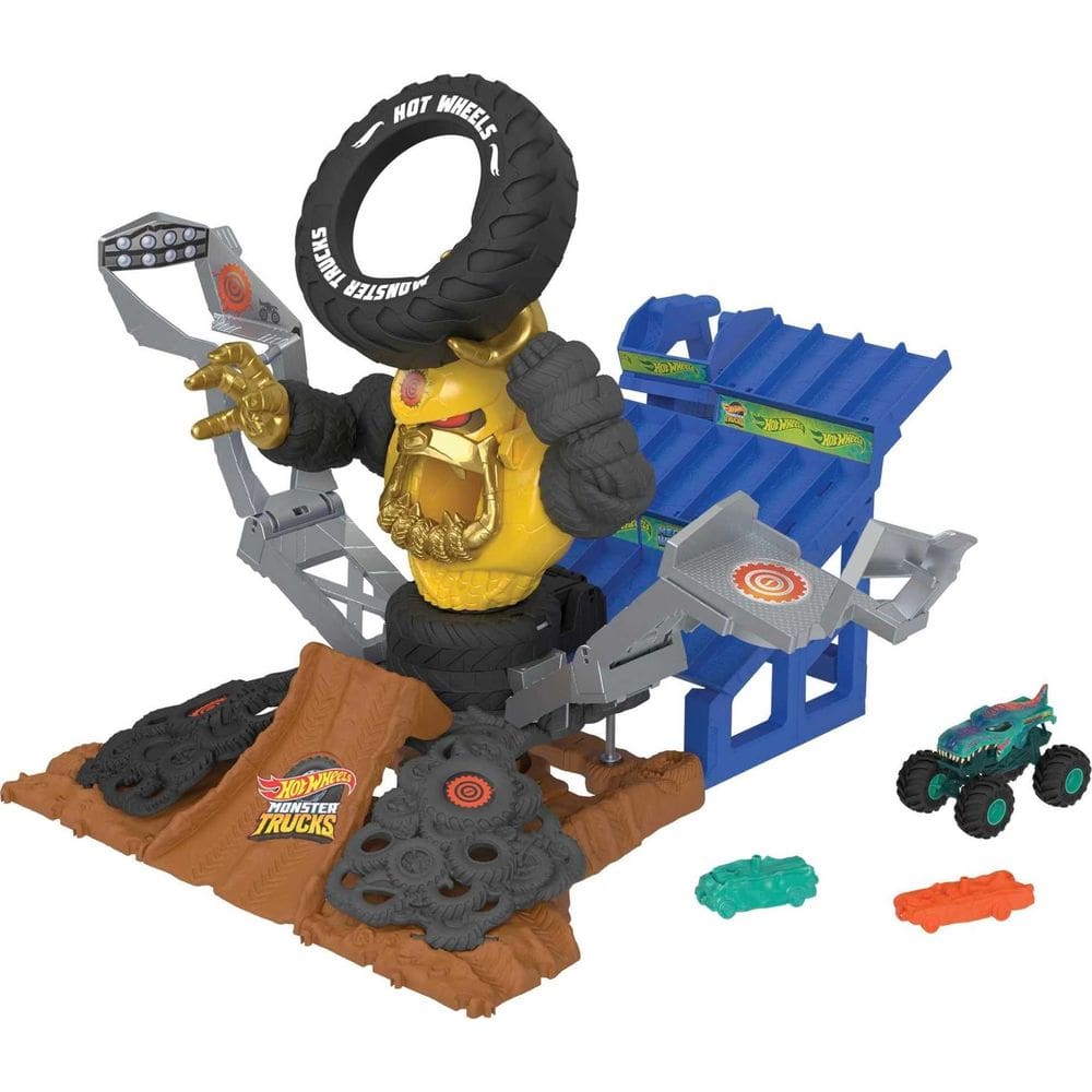 Playset Hot Wheels Monster Trucks Arena Smashers Mega-Wrex vs Crushzilla Takedown com caminhão de brinquedo Mega-Wrex e 6 carros