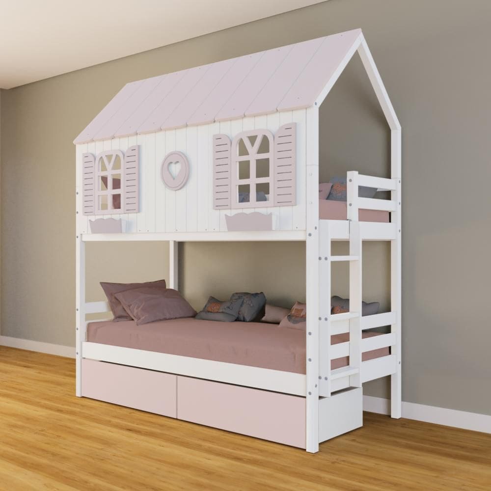Beliche Casinha Bela com Coração 2 Gavetas Rosa - Madeira Maciça Branco/Rosa | Housin