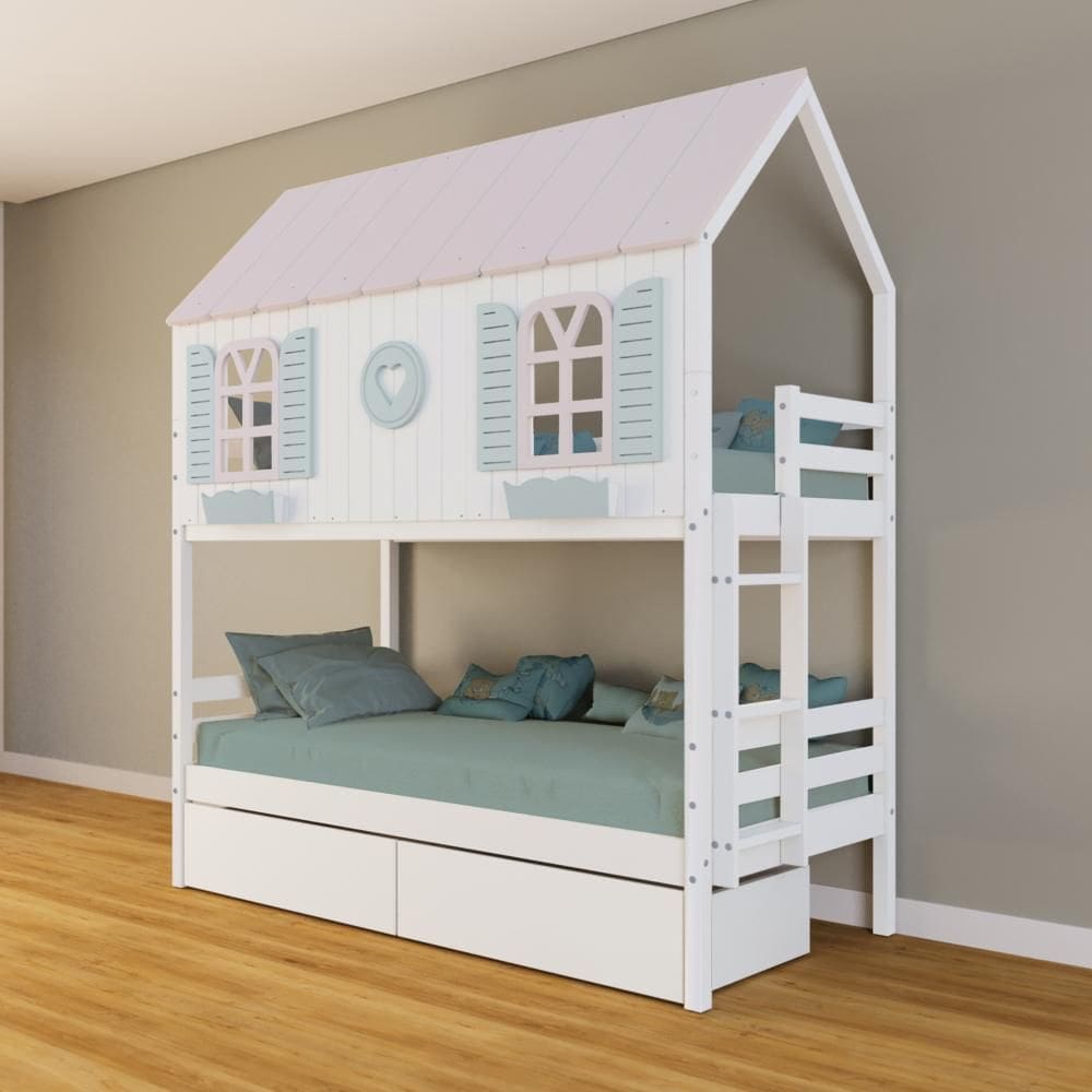 Beliche Casinha Bela com Coração 2 Gavetas - Madeira Maciça Branco/Rosa/Verde | Housin