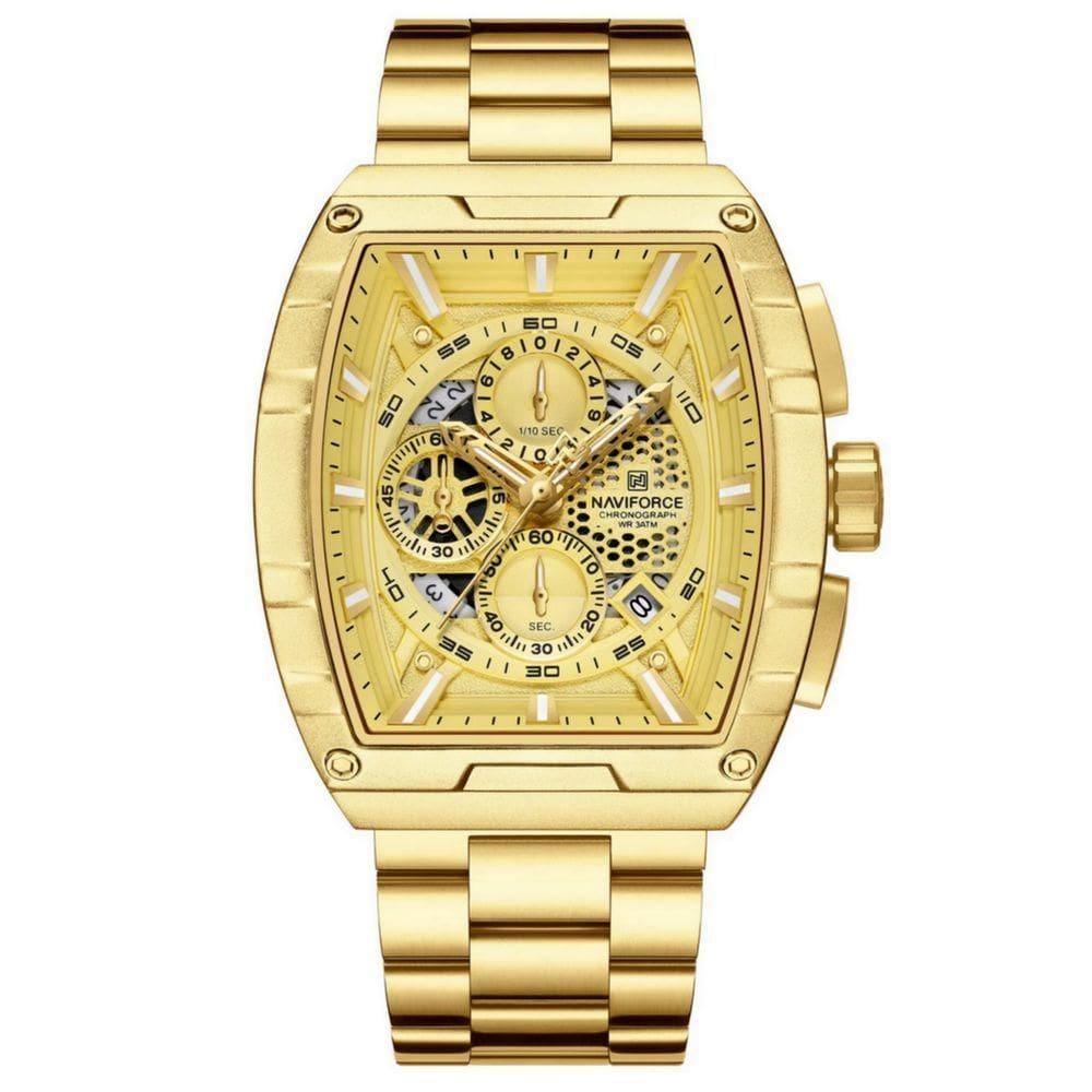 Relógio De Quartzo Masculino Moda Tonneau Aço Inoxidável À Prova Da Água Dourado