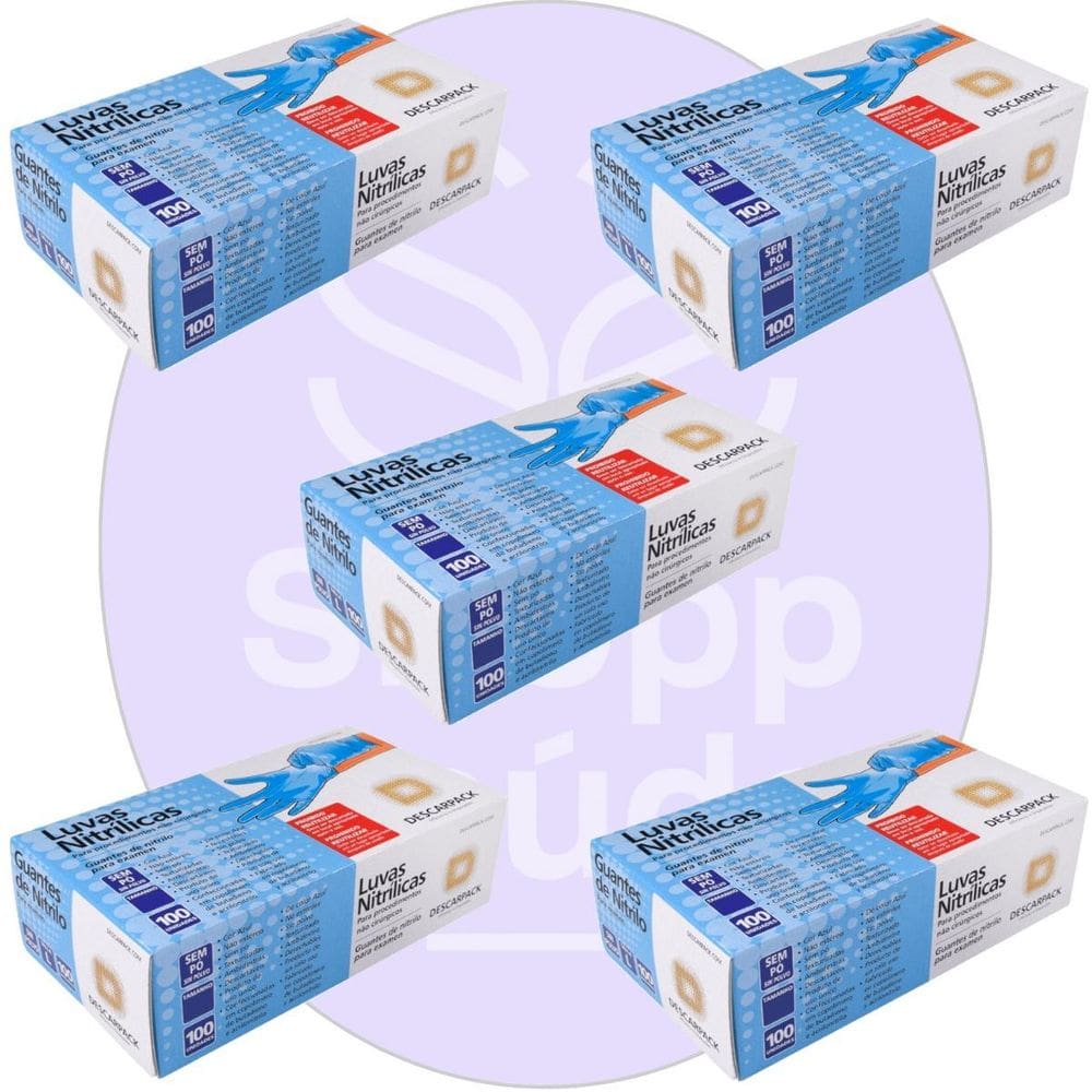 Kit 05 Luva Descartável Nitrílica Sem Pó Azul G Descarpack