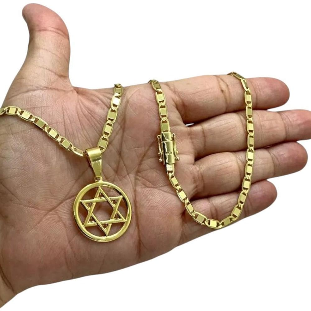 Cordão 5Mm Piastrine + Pingente Estrela Davi Banhado A Ouro