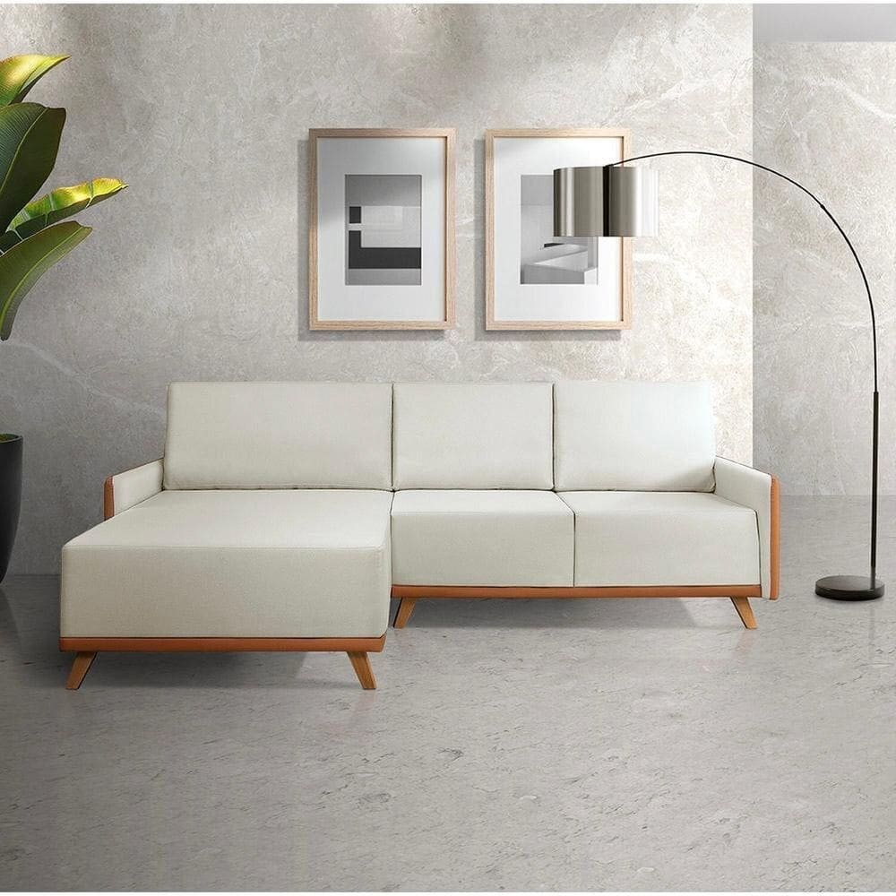 Sofá 4 Lugares com Chaise Lado Esquerdo 258cm Courino Geribá Bege / Paçoca