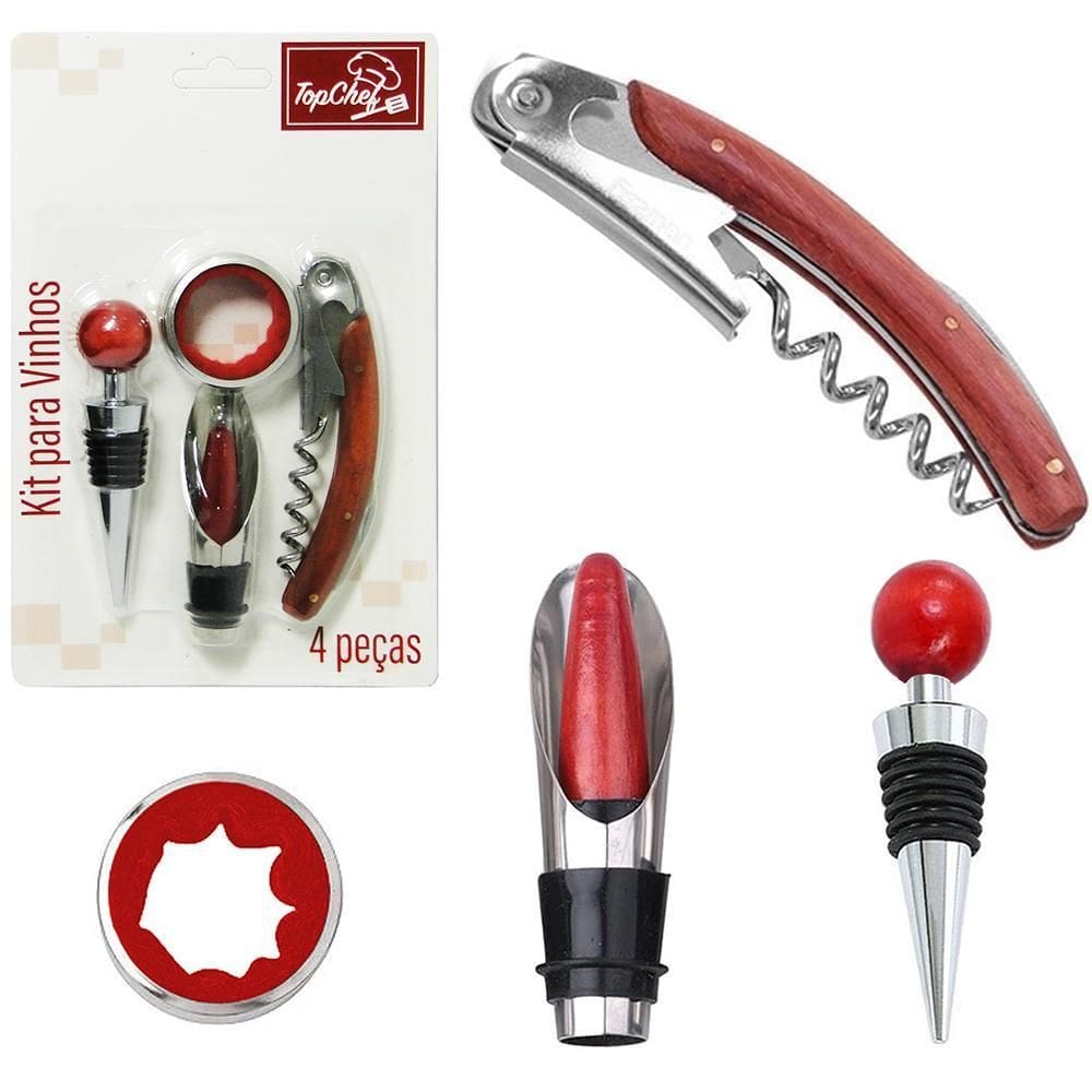 Saca Rolha Kit Vinho Tampa Arejador Corta Gotas 4 Pçs