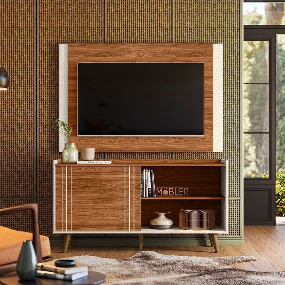 Rack com Painel Fresno para Tv 50 Polegadas New Austin Cinamomo Mel/ Perola Metalizado