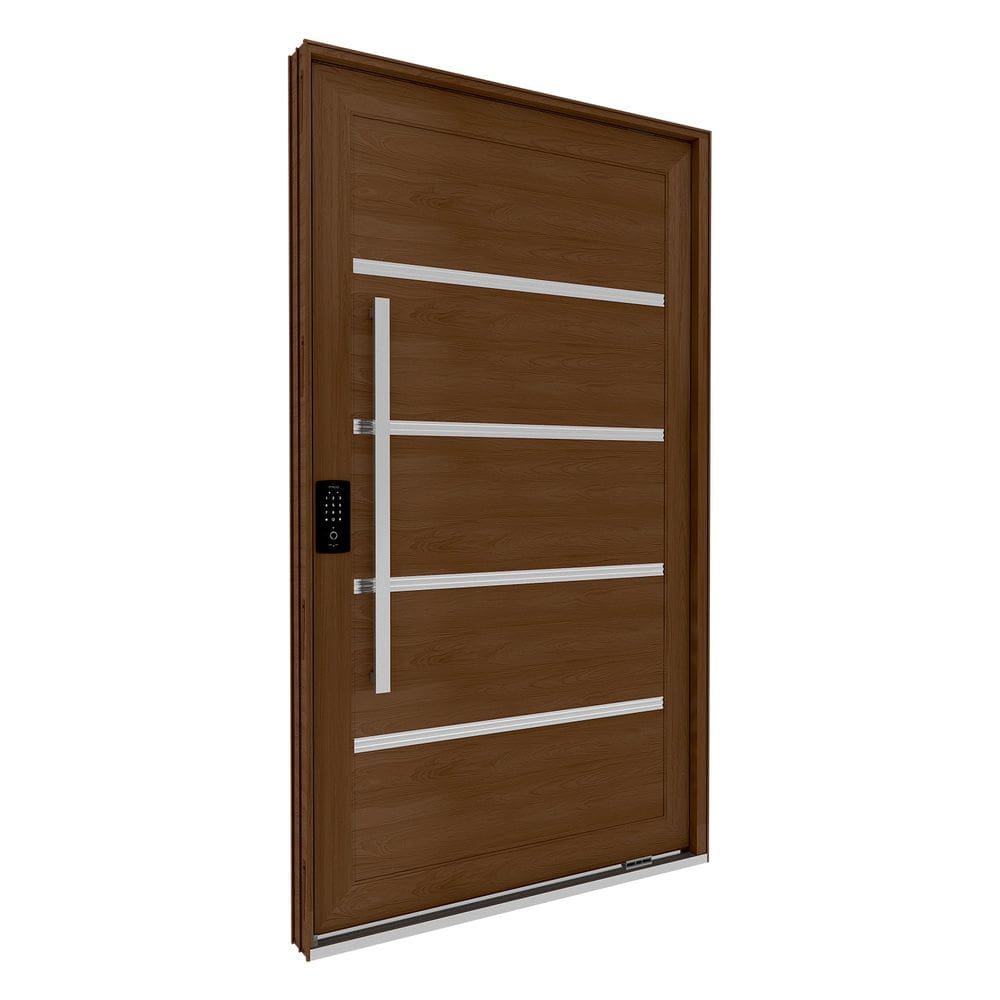 Porta de Alumínio Pivotante com Friso Puxador Fechadura Digital 225cm X 130cm Lucasa Eccellente Marrom