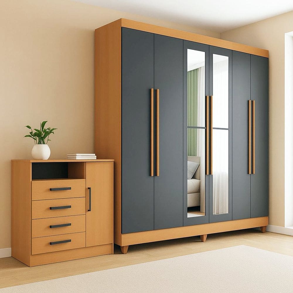 Guarda-Roupa Casal com Espelho 6 Portas 2 Gavetas 202x184cm e Cômoda 4 Gavetas e 1 Porta Apolo Freijó / Grafite