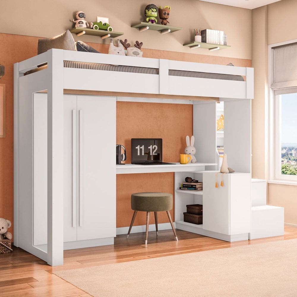 Cama Alta Office Infantil Juvenil com Roupeiro e Escrivaninha Moon Yescasa Branco
