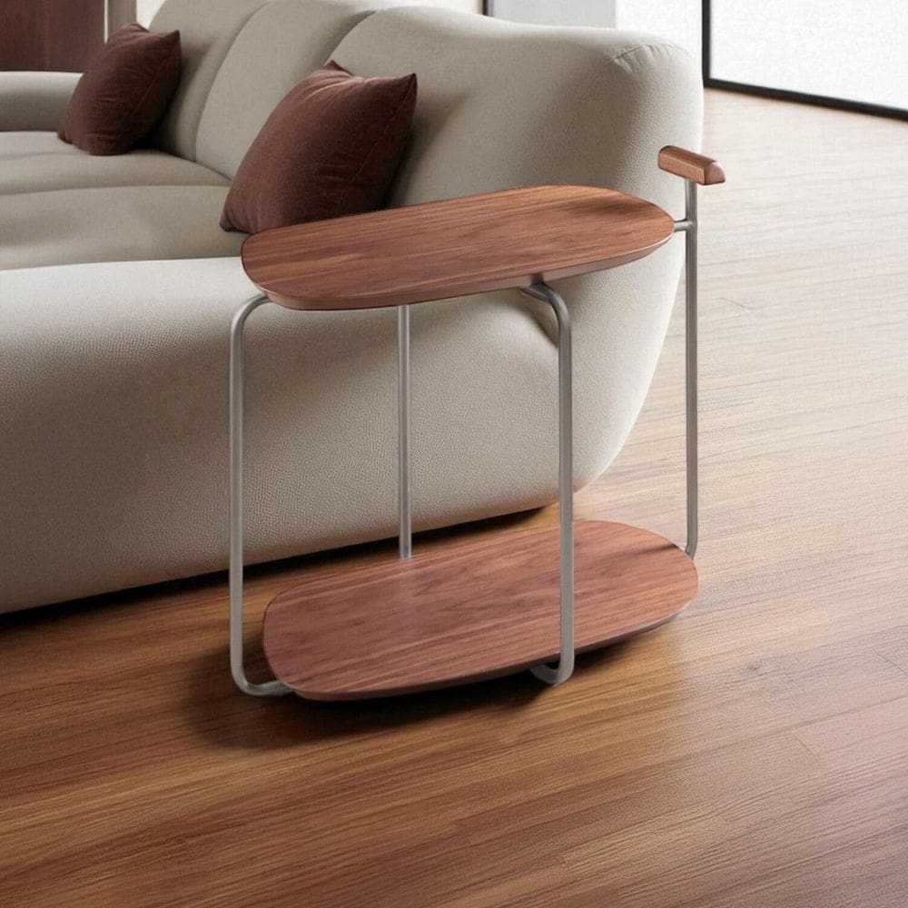 Mesa para Sala de Estar Lateral Pilar Lamina Nogueira/Metálico Prata