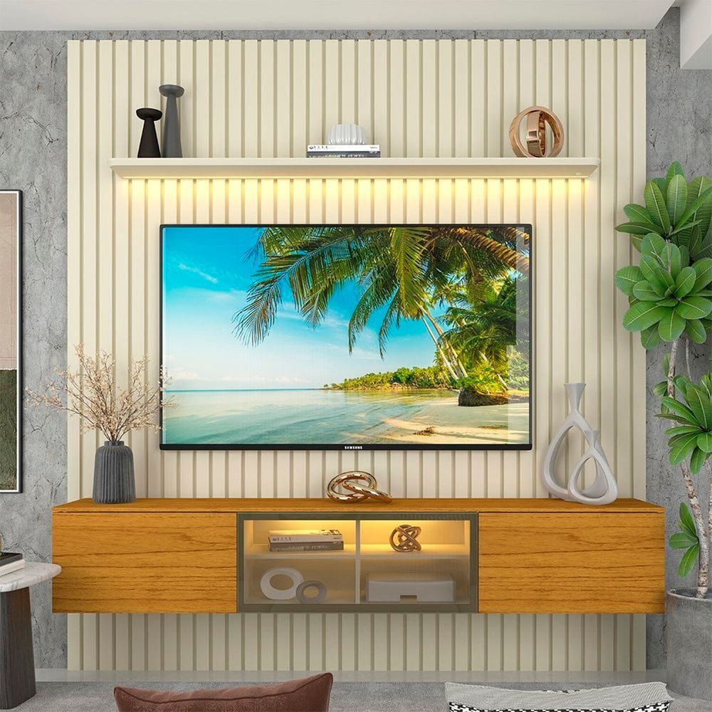 Estante Home para Tv 84 Polegadas Ripada 3 Portas com Led 228,8cm 100% Mdf Nobre/luminare Off White/Naturale