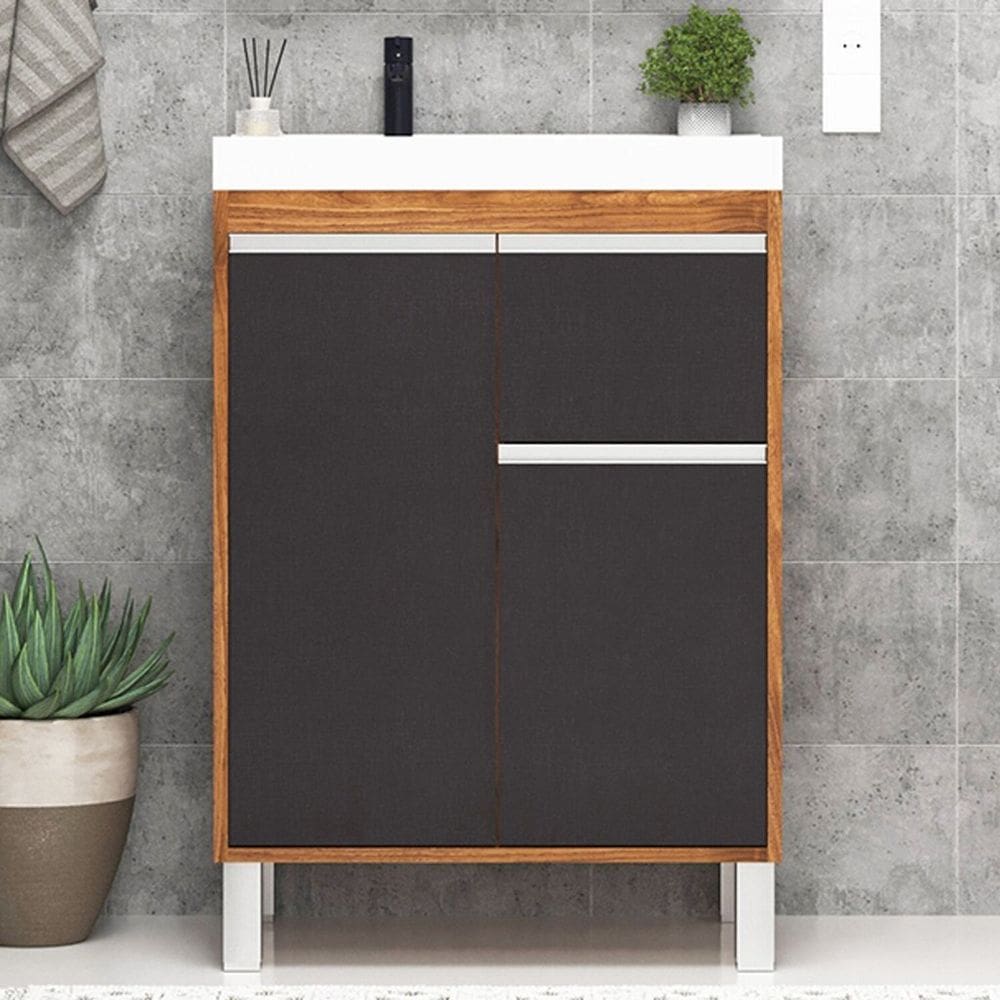Gabinete de Banheiro 60cm com Lavatório 2 Portas 1 Gaveta Soft Amêndoa/Grafite