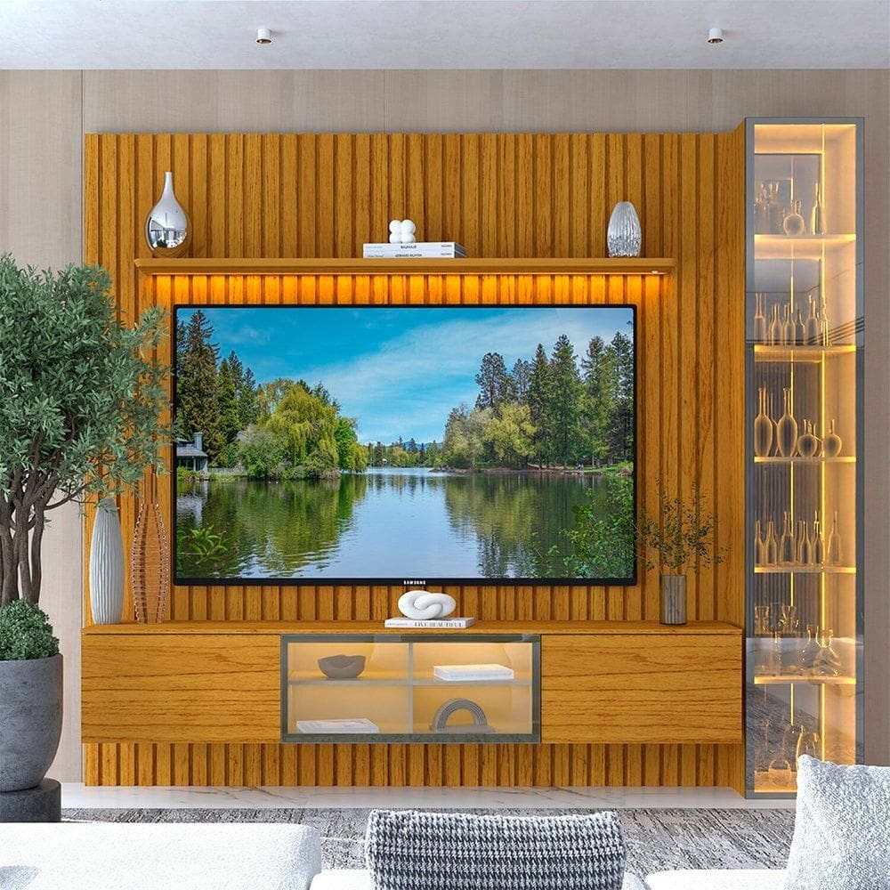 Estante Home para Tv 84 Polegadas 5 Portas Ripada com Led 266,8cm 100% Mdf Nobre Clean/luminare Naturale