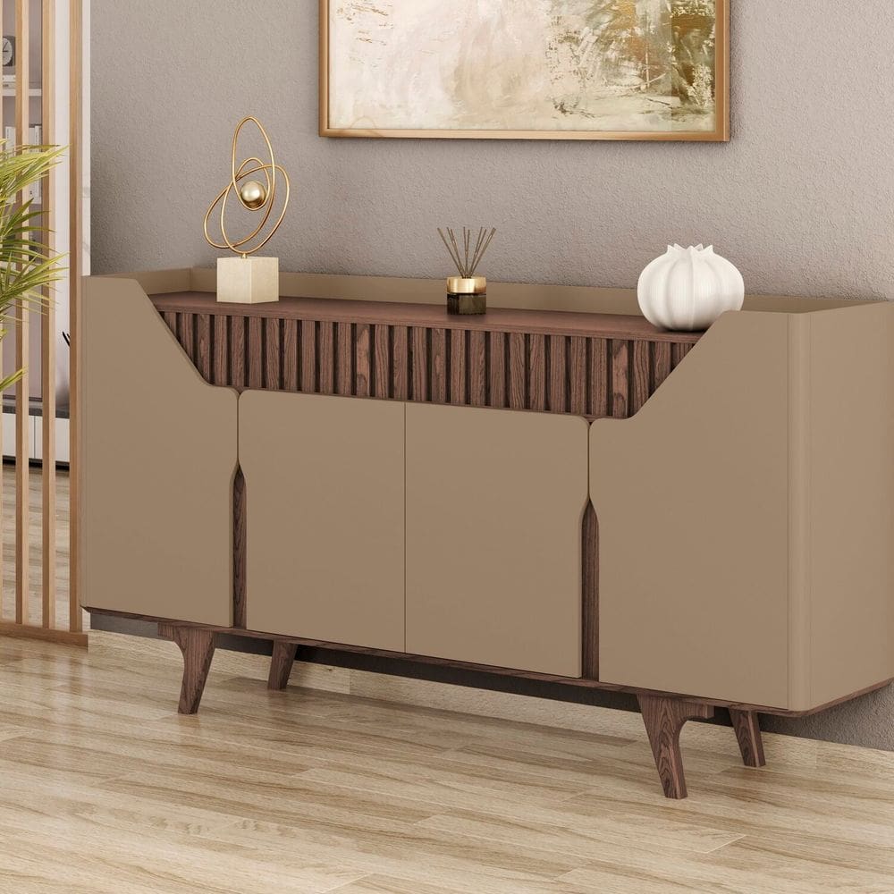 Aparador Buffet Portas em Mdf Ripado Real Pés de Madeira Maciça Danúbio Cinza/Carvalho