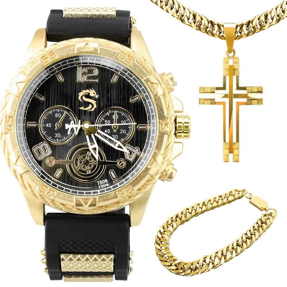 Pulseira + Relogio Masculino Dourado Aço Inox Dourado Grande Casual Robusto Banhado Analogico Preto