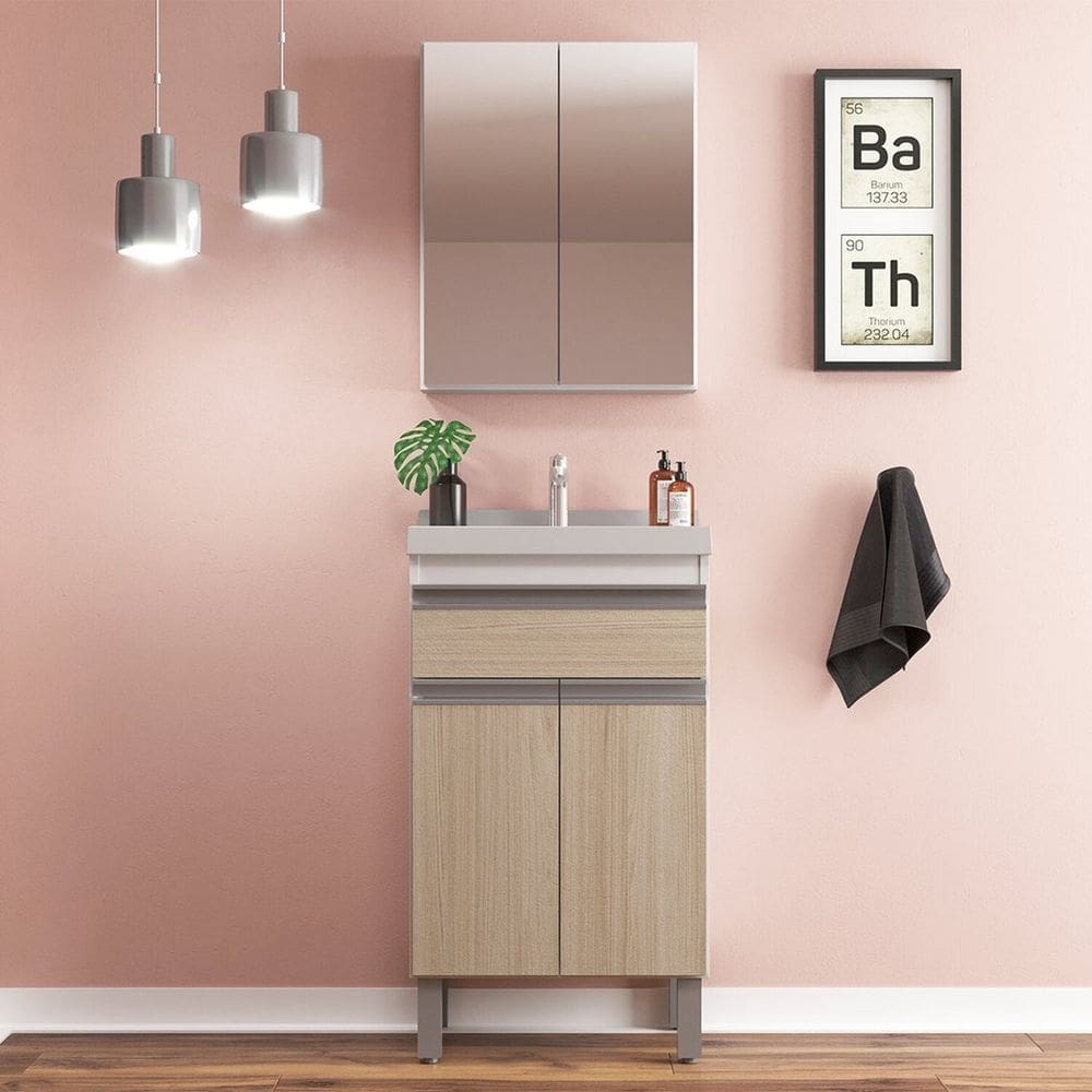 Gabinete de Banheiro 50cm com Lavatório e Armário Branco/Carvalho Berlin
