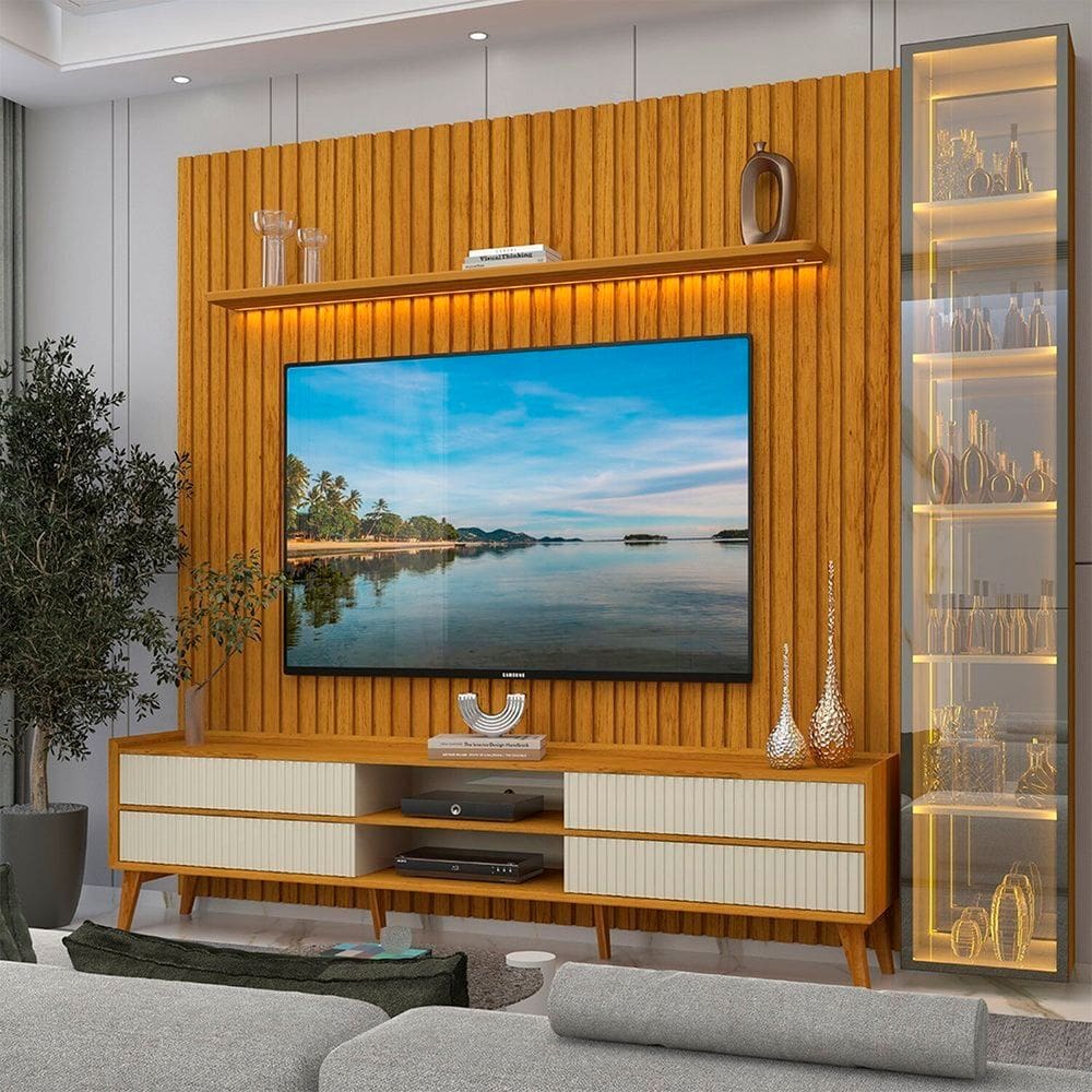 Rack com Painel para Tv 84 Polegadas Pés em Madeira Maciça 100% Mdf Nobre Clean/magnífico/luminare Naturale/Off White