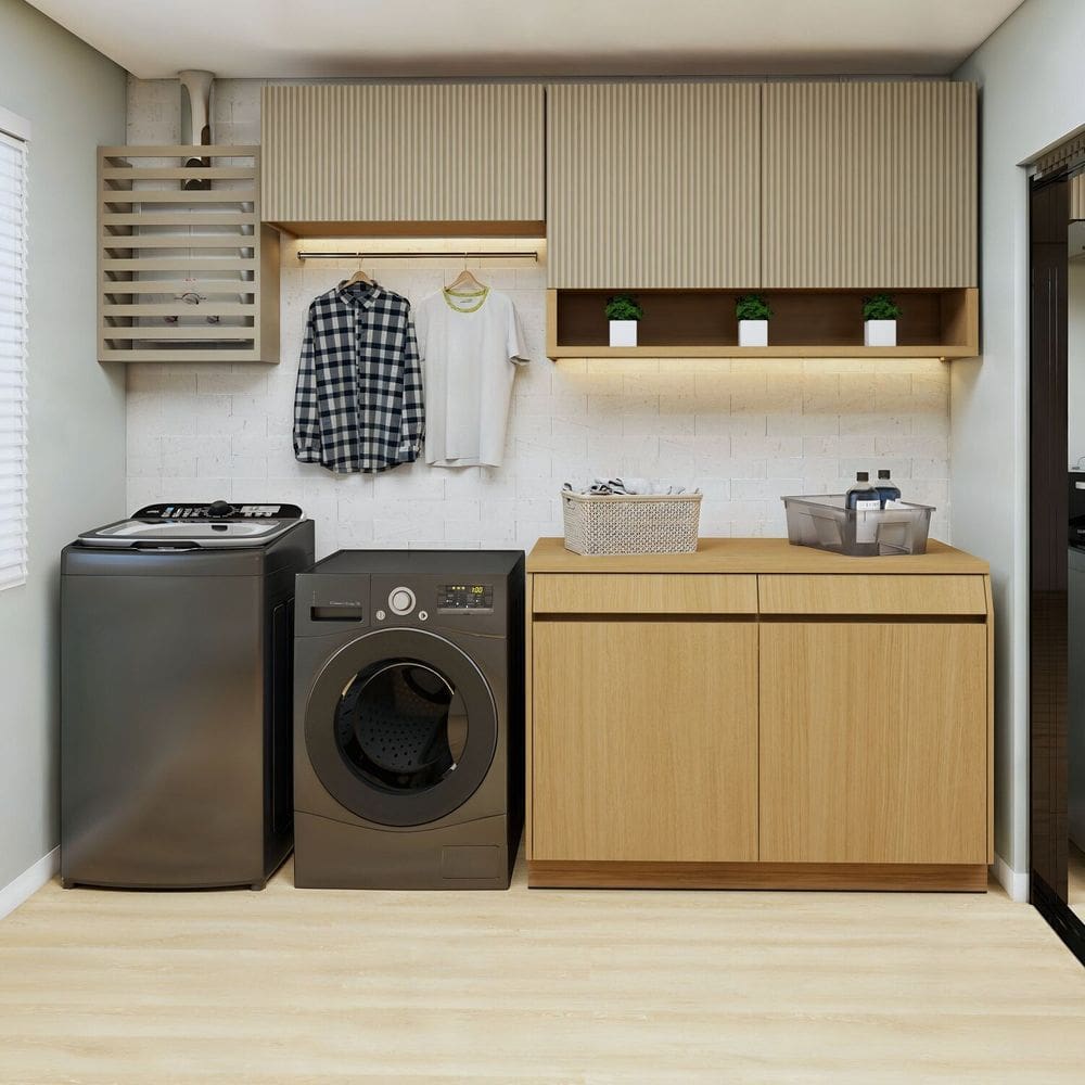 Lavanderia Modulada 3 Peças 5 Portas 2 Gavetas com Rodapé Carvalho/Greige