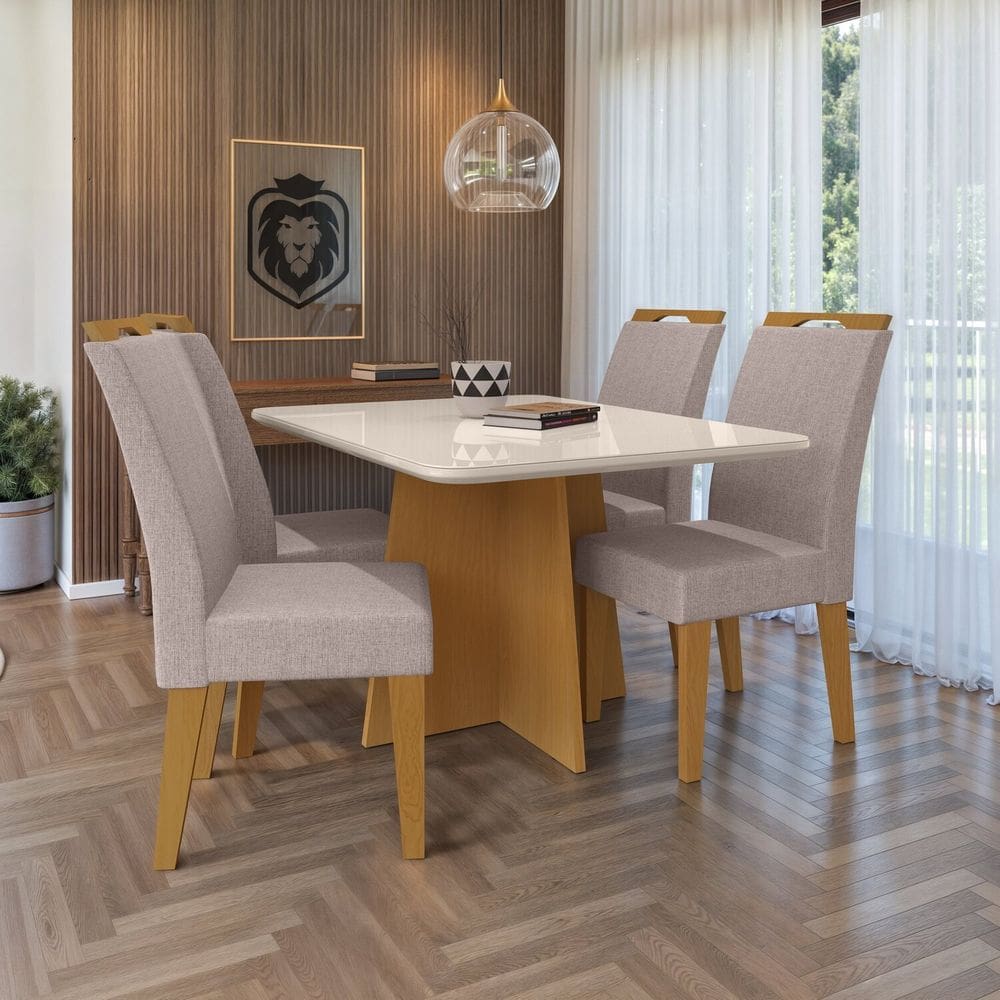 Conjunto 120x77cm Tampo Mdf e Vidro com 4 Cadeiras Evora Marrom/Bege/Off White