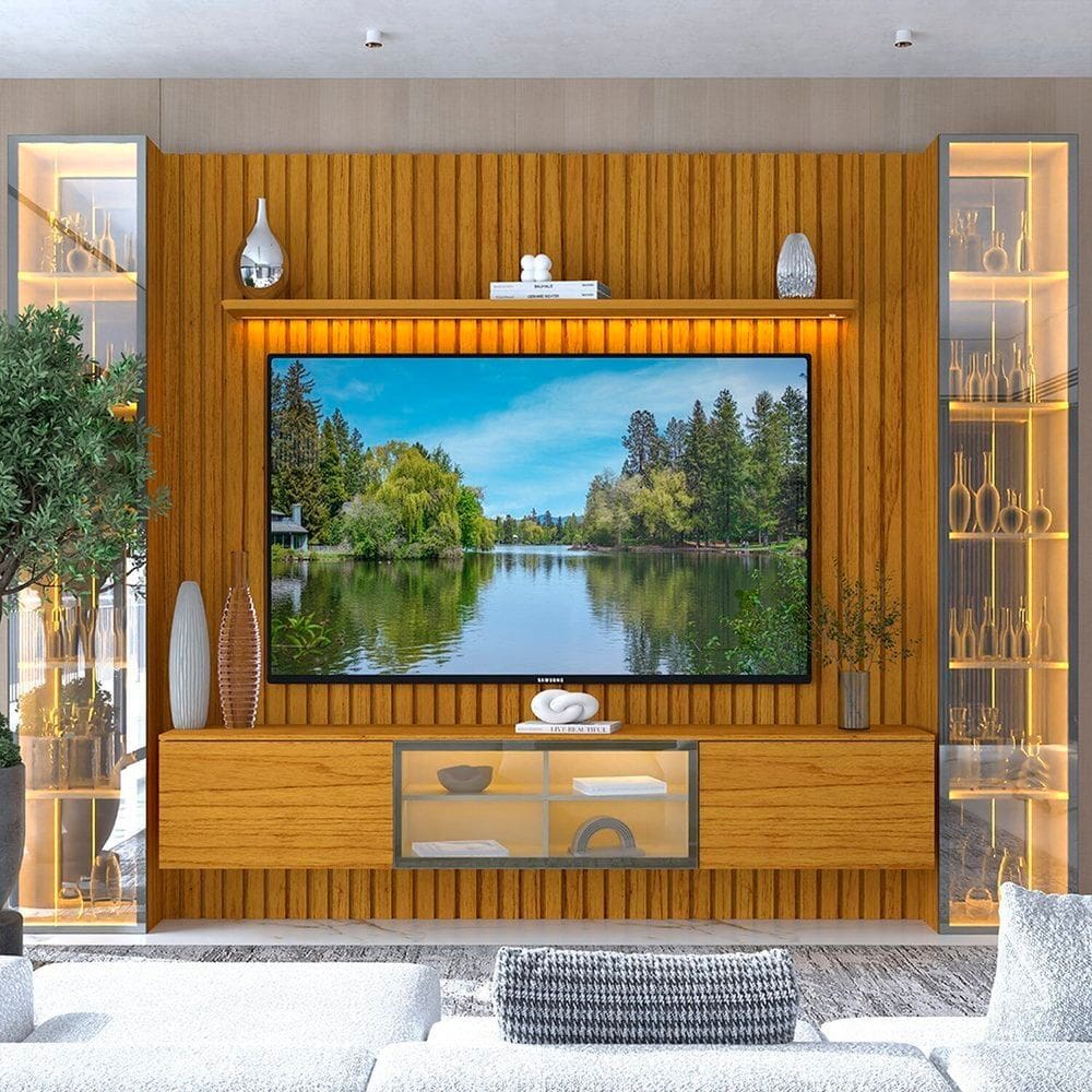 Estante Home para Tv 84 Polegadas com Led Ripada 5 Portas 304,8cm 100% Mdf Nobre Clean/luminare Naturale/Off White