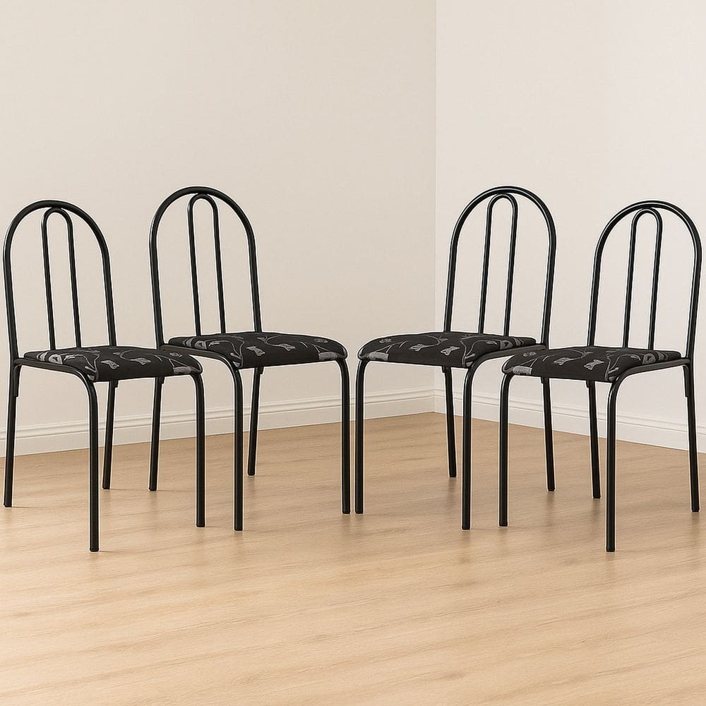 Conjunto 4 Cadeiras para Cozinha e Sala de Jantar Preto Floral