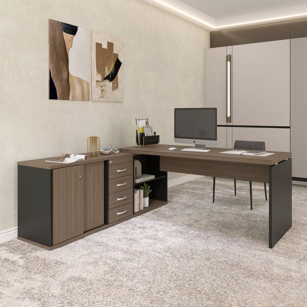 Mesa Balcão para Escritório com 4 Gavetas 189x75cm Preto/Walnut