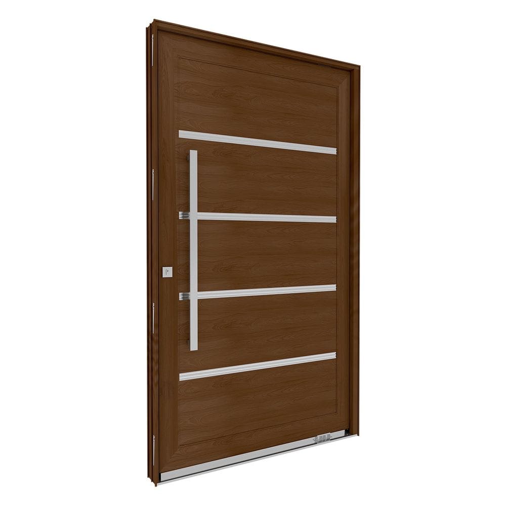 Porta de Alumínio Pivotante Amadeirada com Friso 225cm X 130 Cm Lucasa Eccellente Marrom