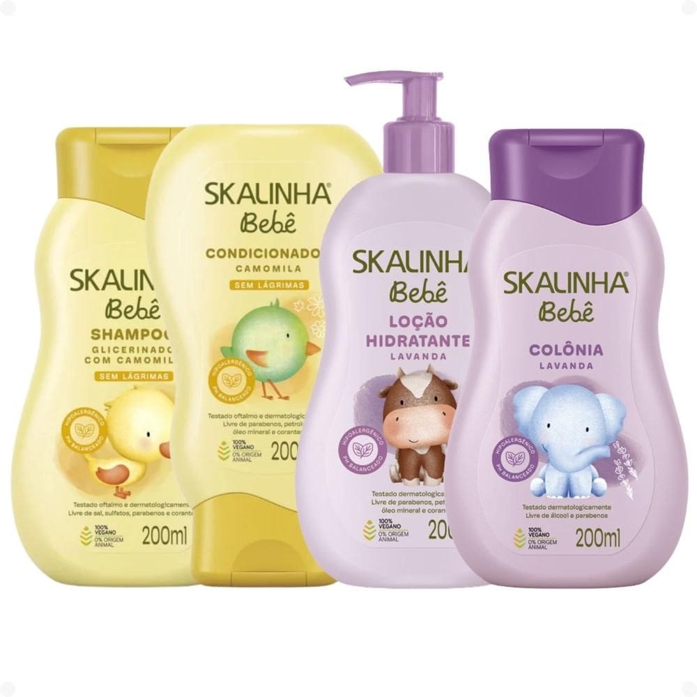 Kit Skalinha Bebê Glicerinado Com Camomila: Shampoo e Condicionador 200ml + Colônia E Loção Hidratante Lavanda 200ml