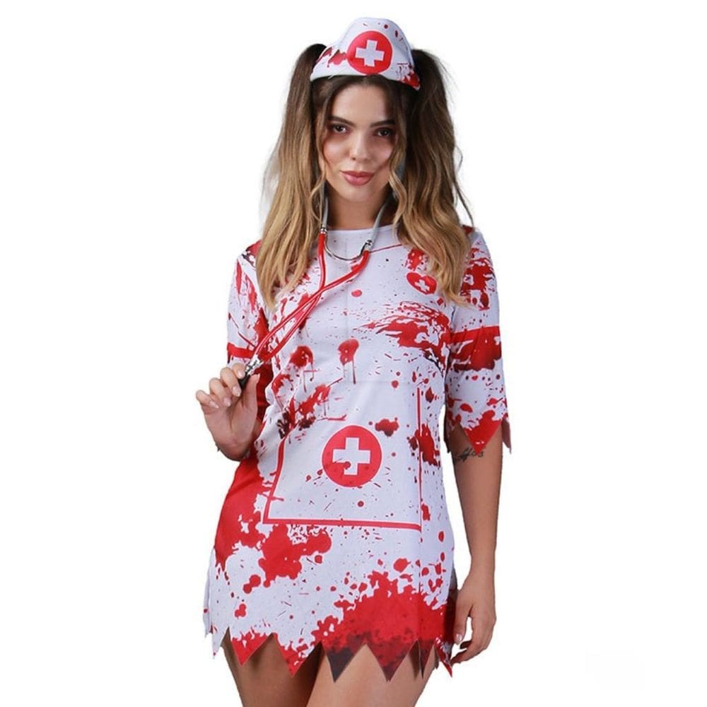 Fantasia Enfermeira Zumbi Halloween Feminino Vestido Chapéu
