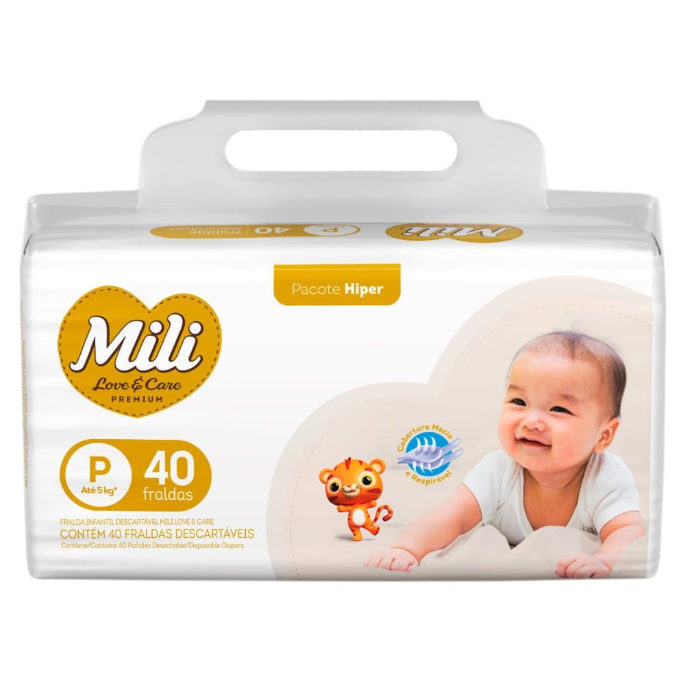 Fralda Infantil Mili Love e Care Premium Hiper Tamanho P com 40 Unidades Descartáveis