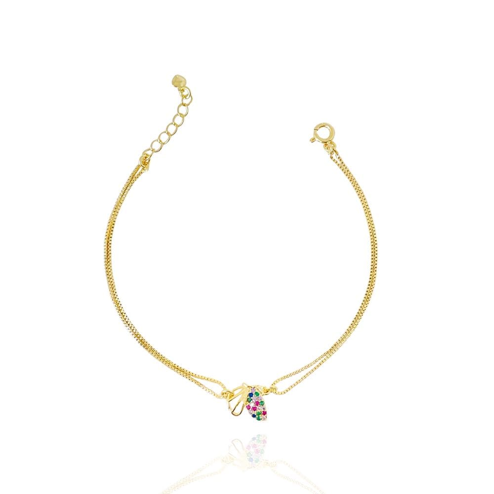 Pulseira Dupla Com Borboletinha Colorida Banhada a Ouro