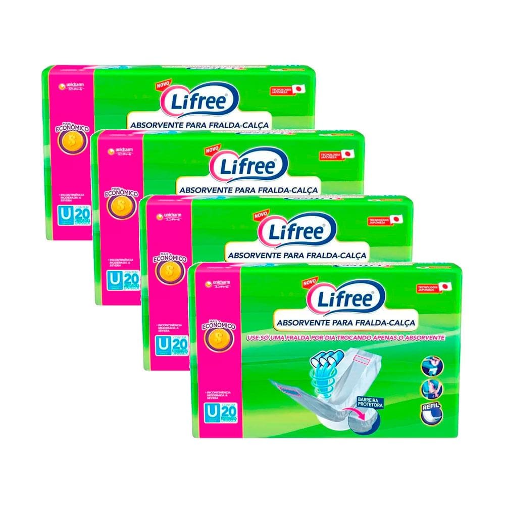 Kit 4 Absorvente Geriátrico Lifree para Fralda Calça Refil com 20 Unidades cada
