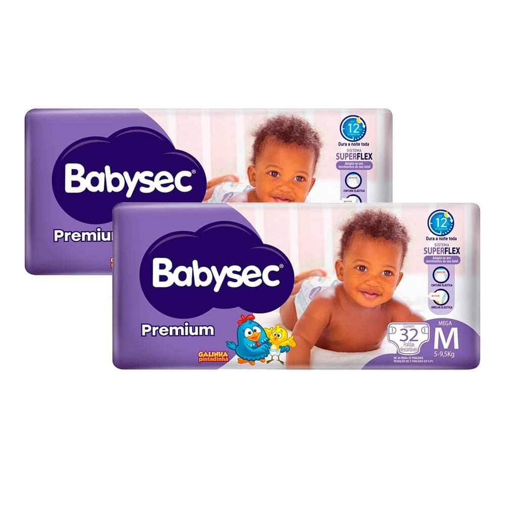 Kit 2 Fralda Babysec Premium Tamanho M Pacote Mega com 32 Unidades Descartáveis