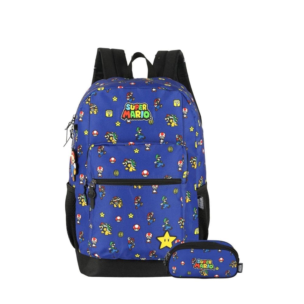 Kit Super Mario Mochila Costas+Estojo Triplo - Azul