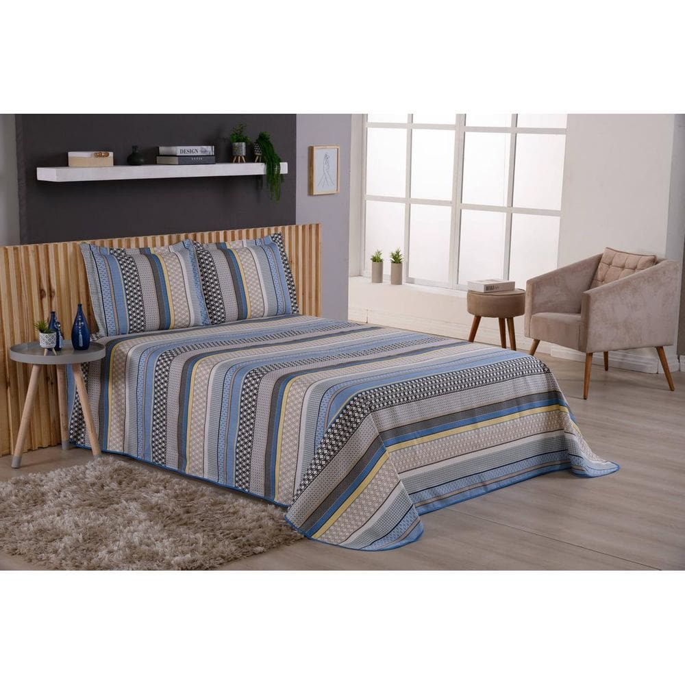 Jogo De Cama Cobre Leito Queen 3 Peças Listrado Azul