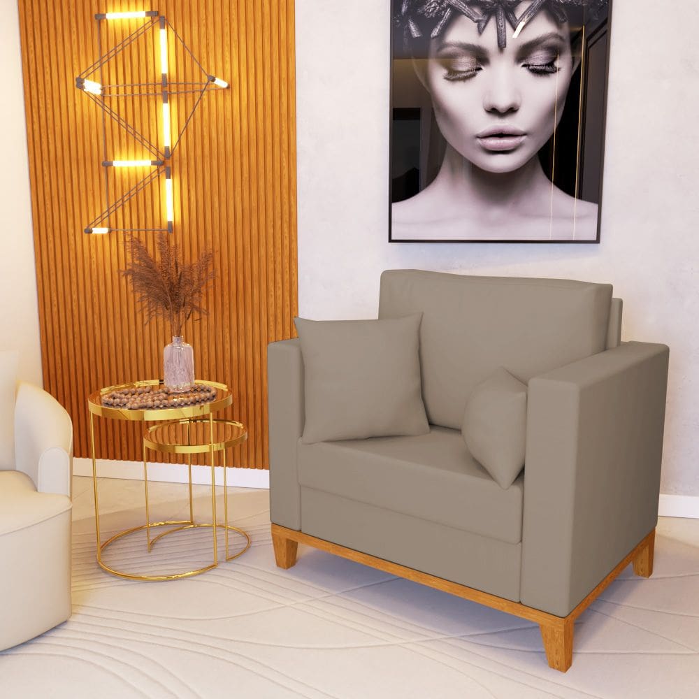 Poltrona Beny Amamentação com 2 Almofadas Base em Madeira Maciça Tecido Veludo Bege