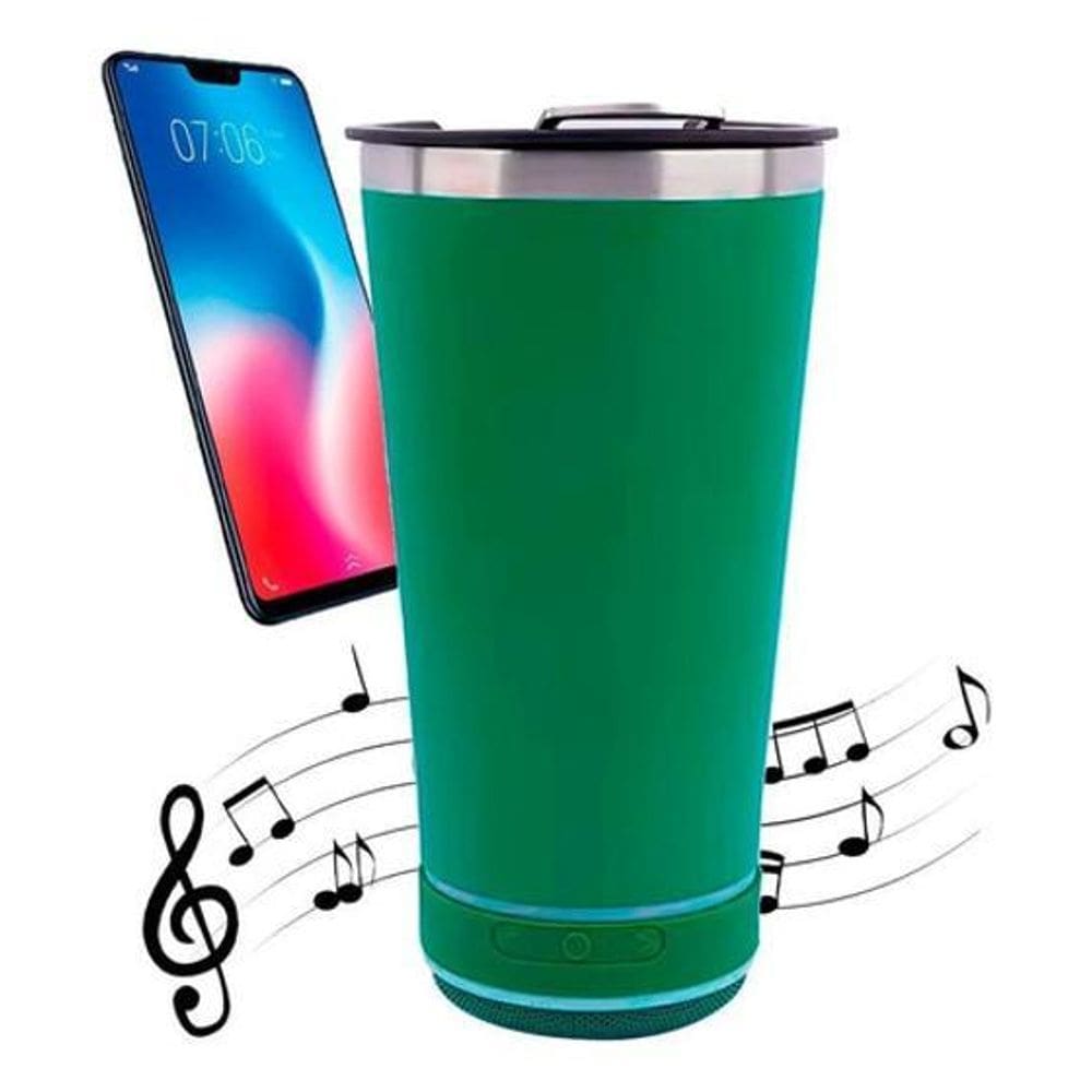 Copo Térmico Com Caixa De Som Bluetooth 473Ml Aço Inox Verde