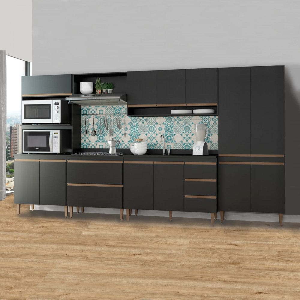 Armário de Cozinha com Balcão Armário Completo Sabrina 360x202 Cm 6 Peças MDP Preto MENU