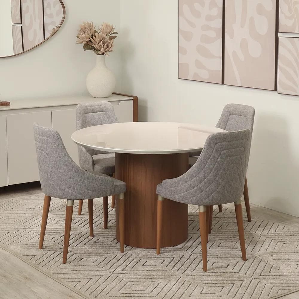 Conjunto de Jantar Mesa Redonda com Vidro Kalina 4 Cadeiras Evelyn - Canella c/ Cinza