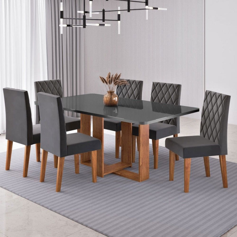 Mesa de Jantar 6 Lugares Afrodite Marrom/Cinza/Veludo Cinza - Viero Móveis