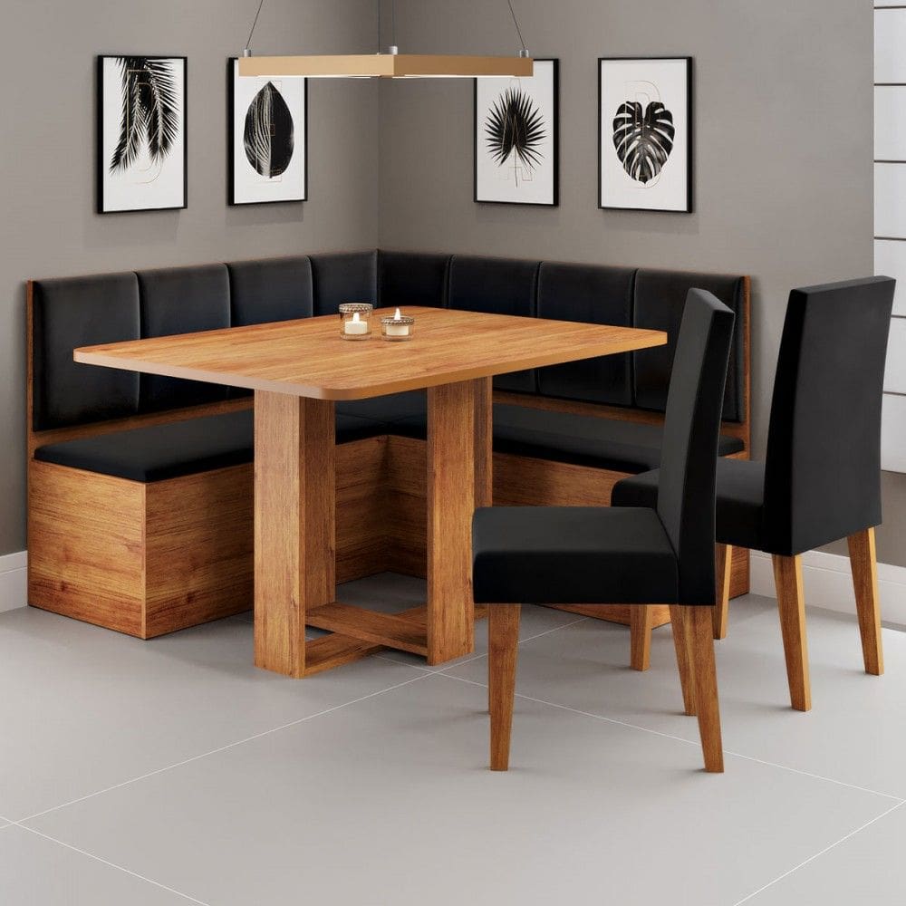 Canto Alemão Victor com 2 Cadeiras Marrom/Veludo Preto - Viero Móveis