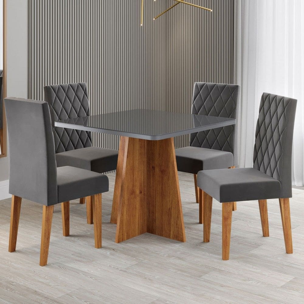 Mesa de Jantar 4 Lugares Evah com Vidro Marrom/Grafite/Veludo Cinza - Viero Móveis