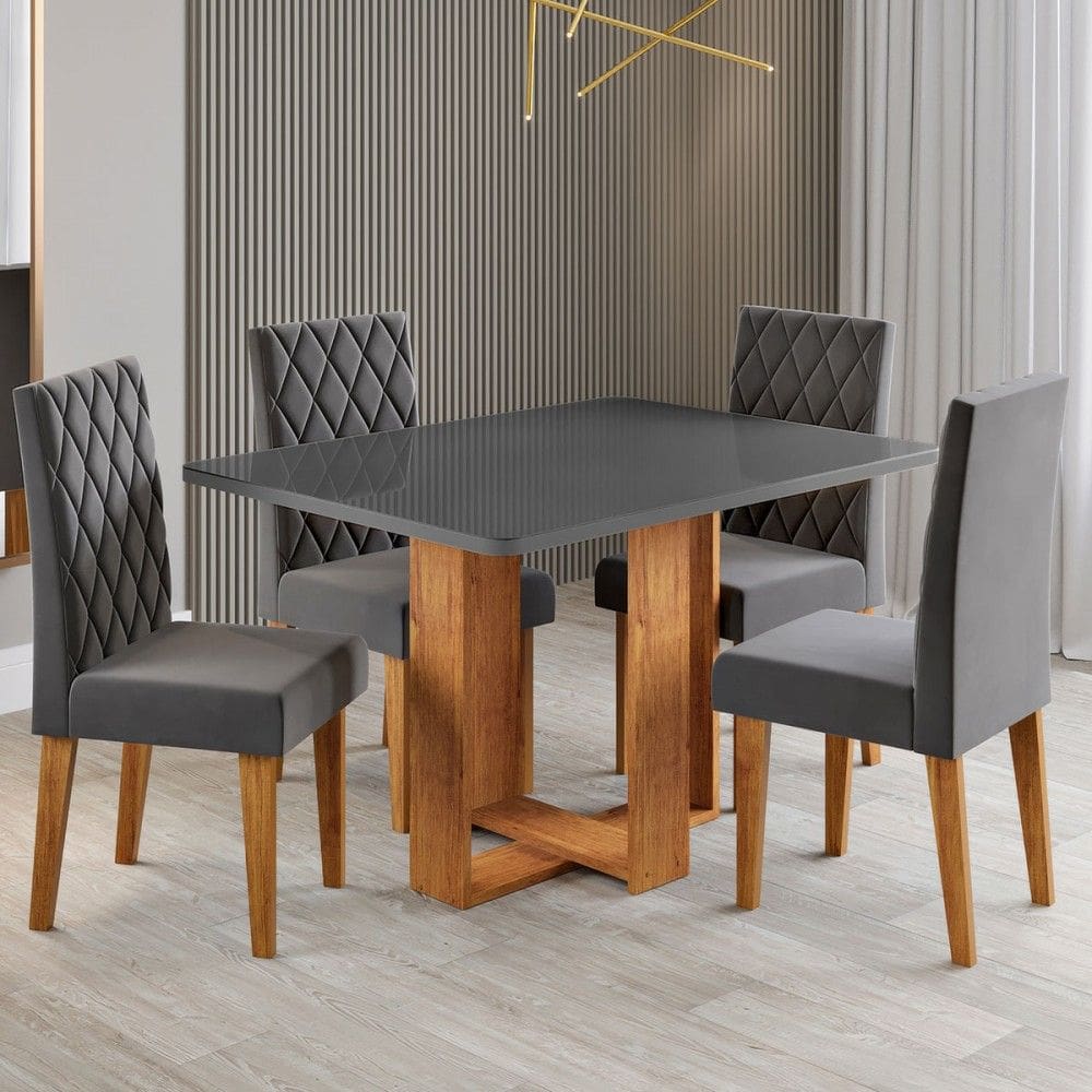 Mesa de Jantar 4 Lugares Afrodite Marrom/Cinza/Veludo Cinza - Viero Móveis