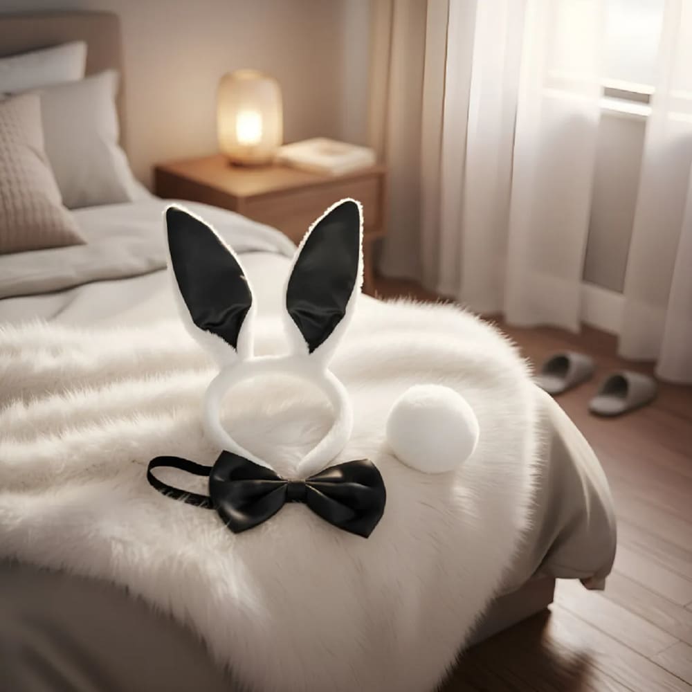 Tiara Orelha De Coelho C/ Gravata Preta E Rabinho - Kit C/ 3 Pçs Fantasia Coelhinho