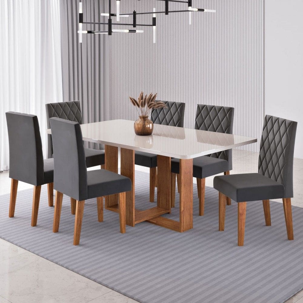 Mesa de Jantar 6 Lugares Afrodite com Vidro Marrom/Off White/Veludo Cinza - Viero Móveis