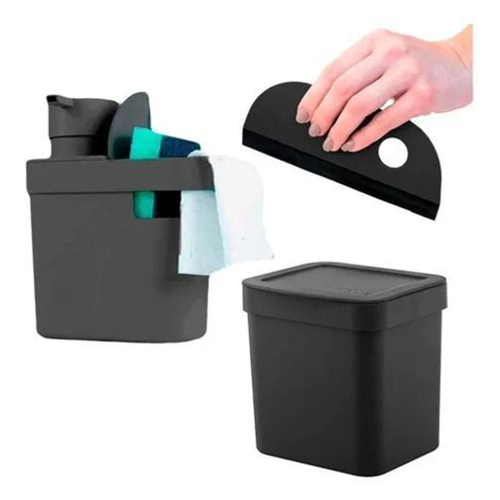 Kit Porta Detergente 500Ml + Rodinho De Pia + Lixeira 2,5L