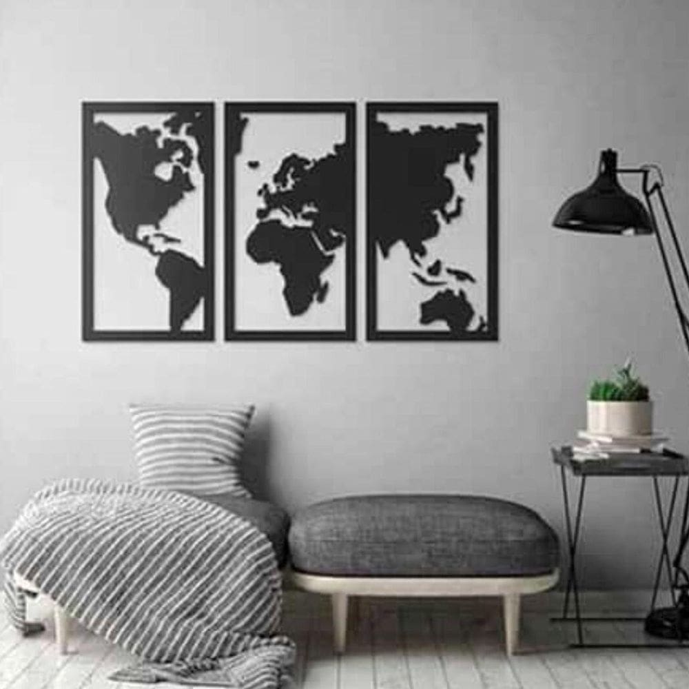 Quadro Decoração Vazado Mapa Mundi Mdf 6Mm Preto 100X60 Cm