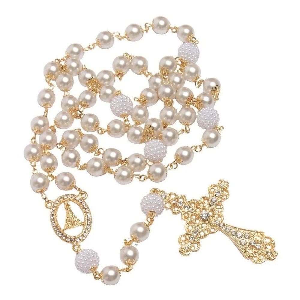 2X Terço De Noiva Banhado A Ouro Perolas Brancas Aparecida