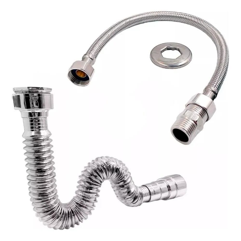 2X Kit Sifão + Rabicho 60Cm Metal Inox Flexível Mangueira