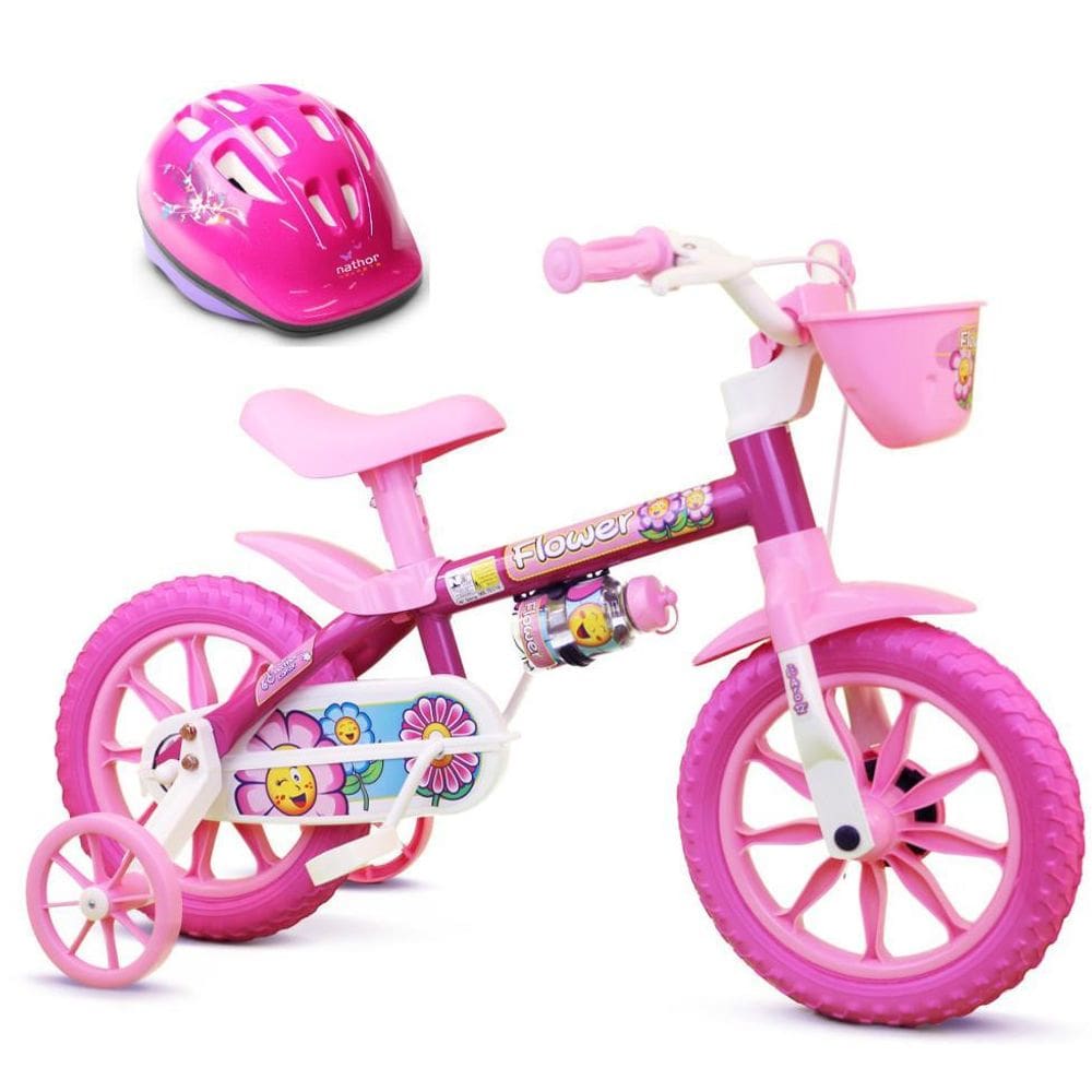 Bicicleta Com Rodinha Aro 12 Menina Capacete Flower Nathor