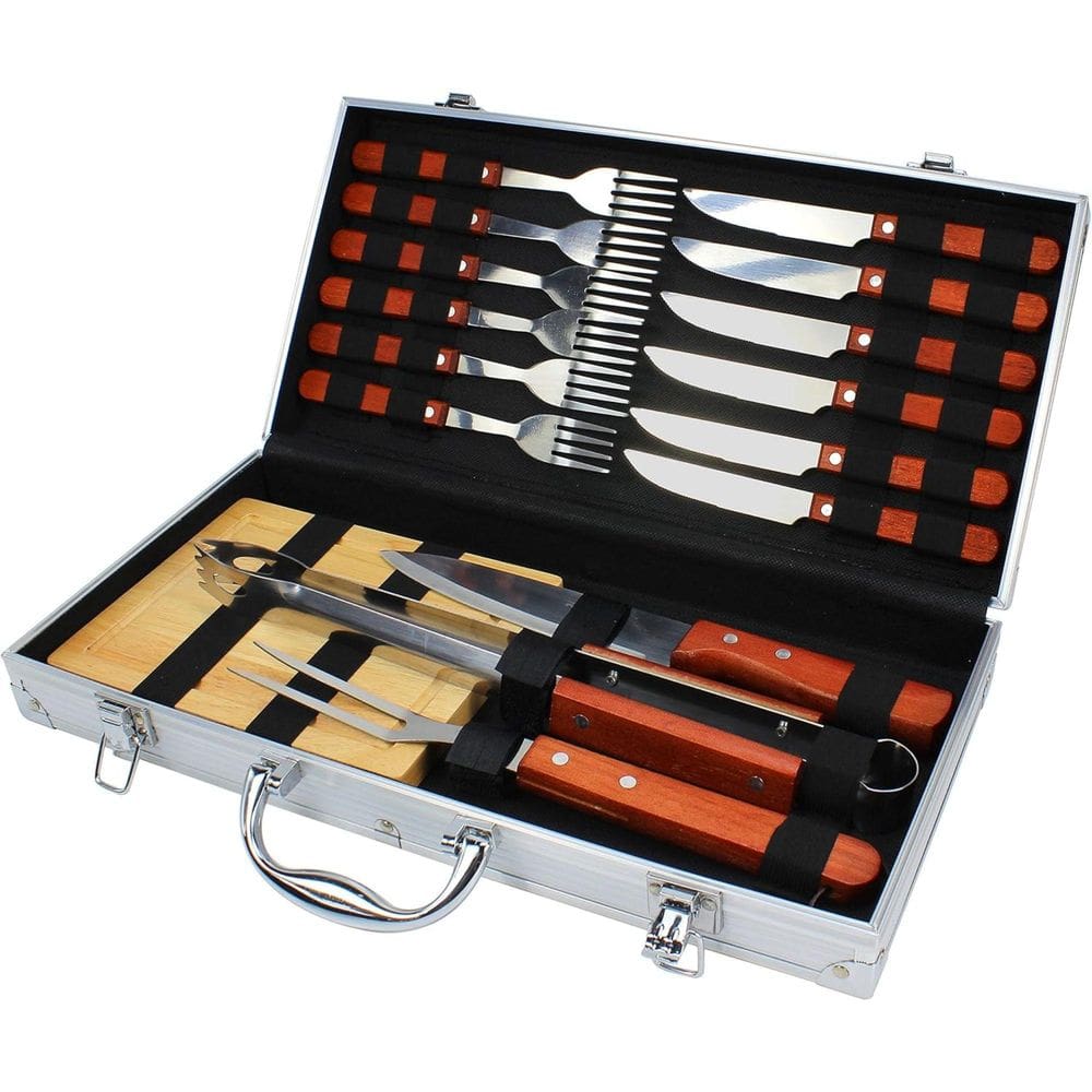 Kit Churrasco 17 Peças Gourmet Garfo E Faca Madeira E Maleta